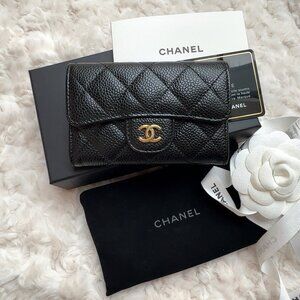 Authentic Chanel Classic Flap Card Holder Black Caviar Leather Gold Hardware